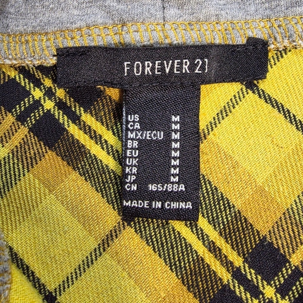 Forever 21 Mens Yellow Black Plaid Hooded Flannel Shirt Button Up Medium - Picture 4 of 8